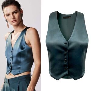 Jason Wu Satin Button Up Sleeveless V-Neck Crop Top Vest In Forest Green Size S